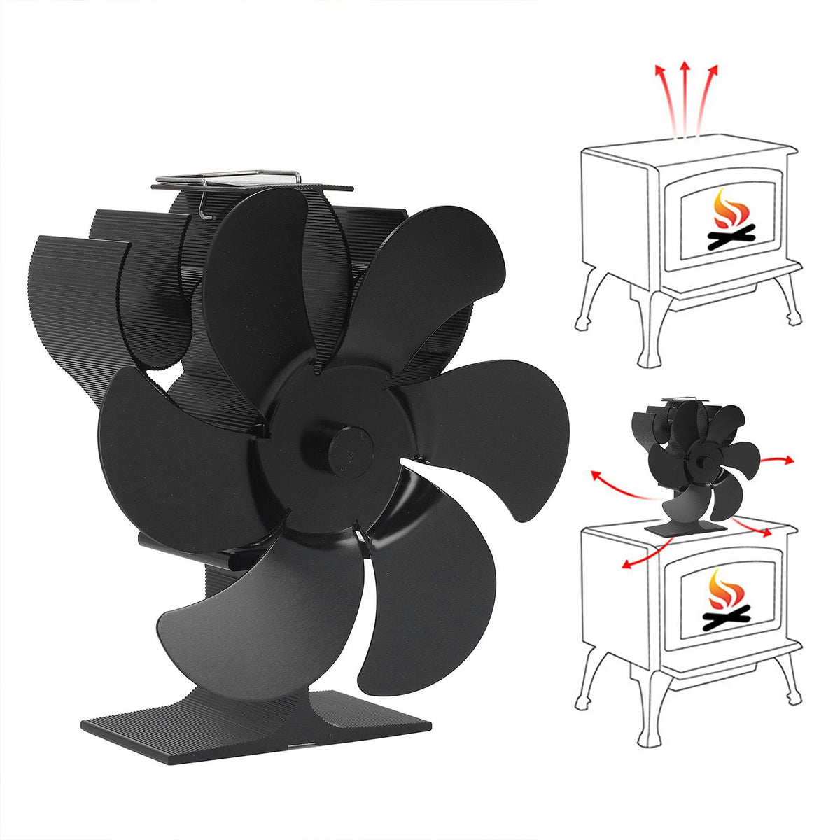 6 Blades Heat Powered Stove Fan High Temperature Resistance Self Starting Wood Burning Stove Fireplace Fan Black Diameter 152mm