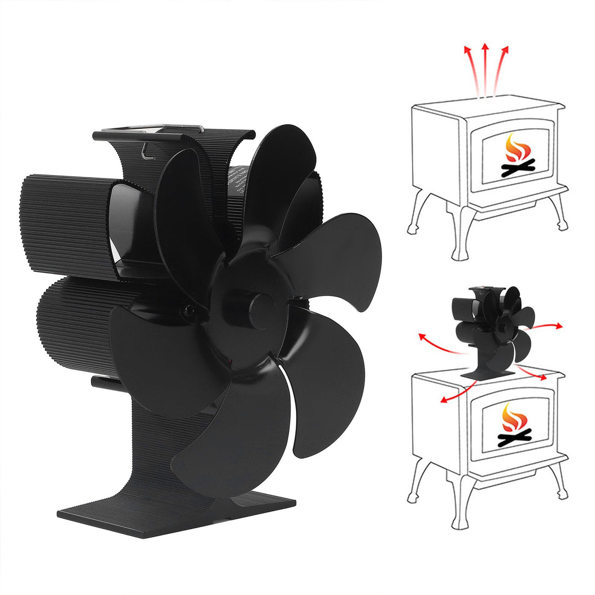 6 Blade Stove Fan Self Starting High Temperature Resistance and Energy Efficiency Heat Powered Fan for Home Black Diameter 152mm