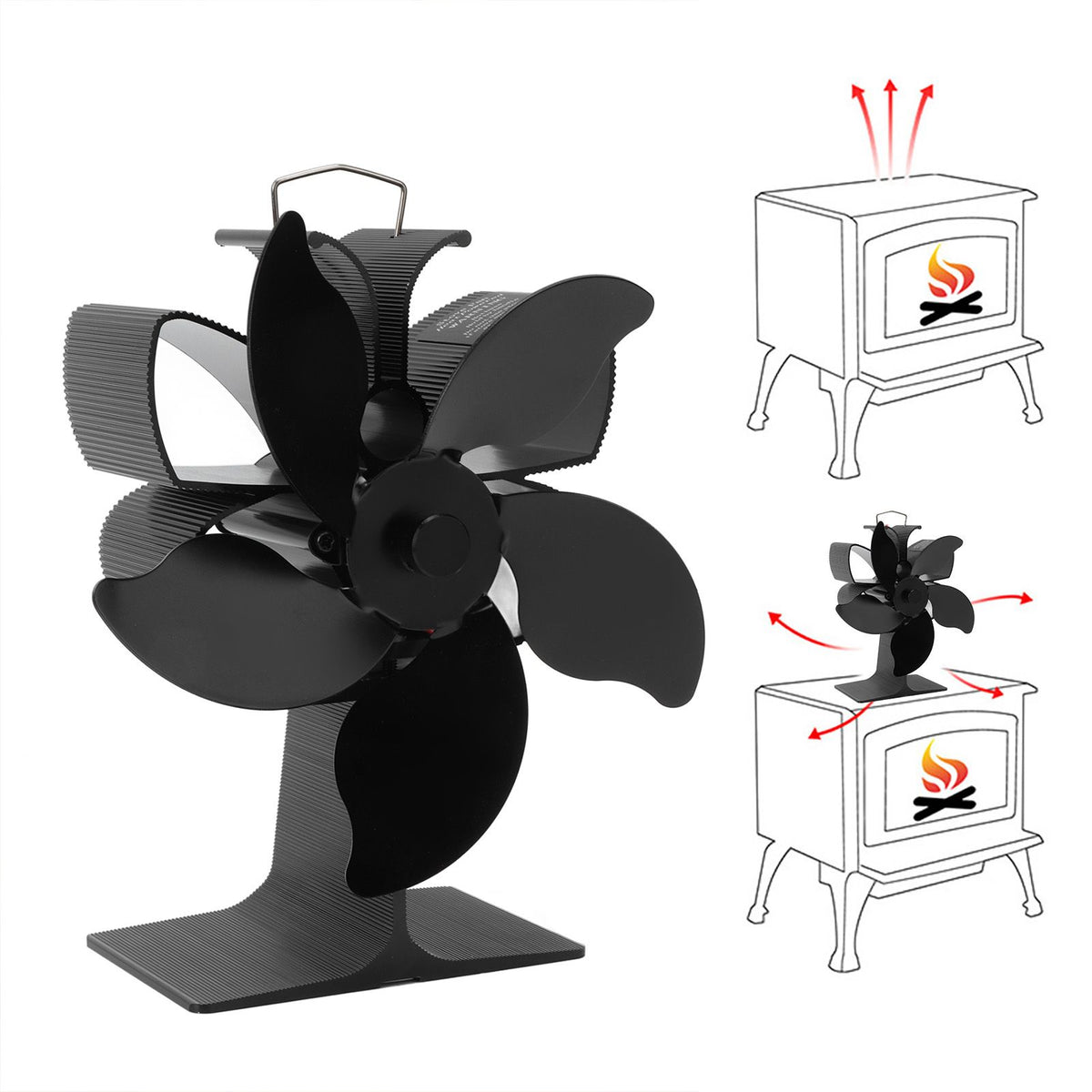 Heat Powered Fireplace Fan Black Stove Fan 5 Blades Thermal Power High Temperature Proof Eco Friendly Energy Saving