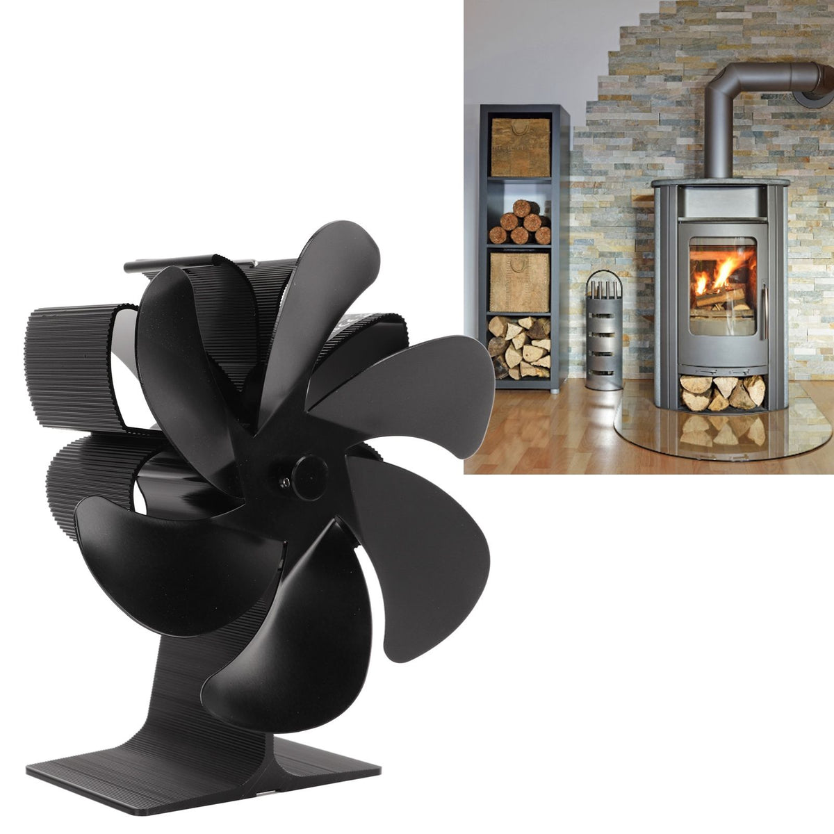 6 Blade Stove Eco Fan Black Self Starting High Temperature Resistance Energy Efficiency Heat Powered Fan for Home