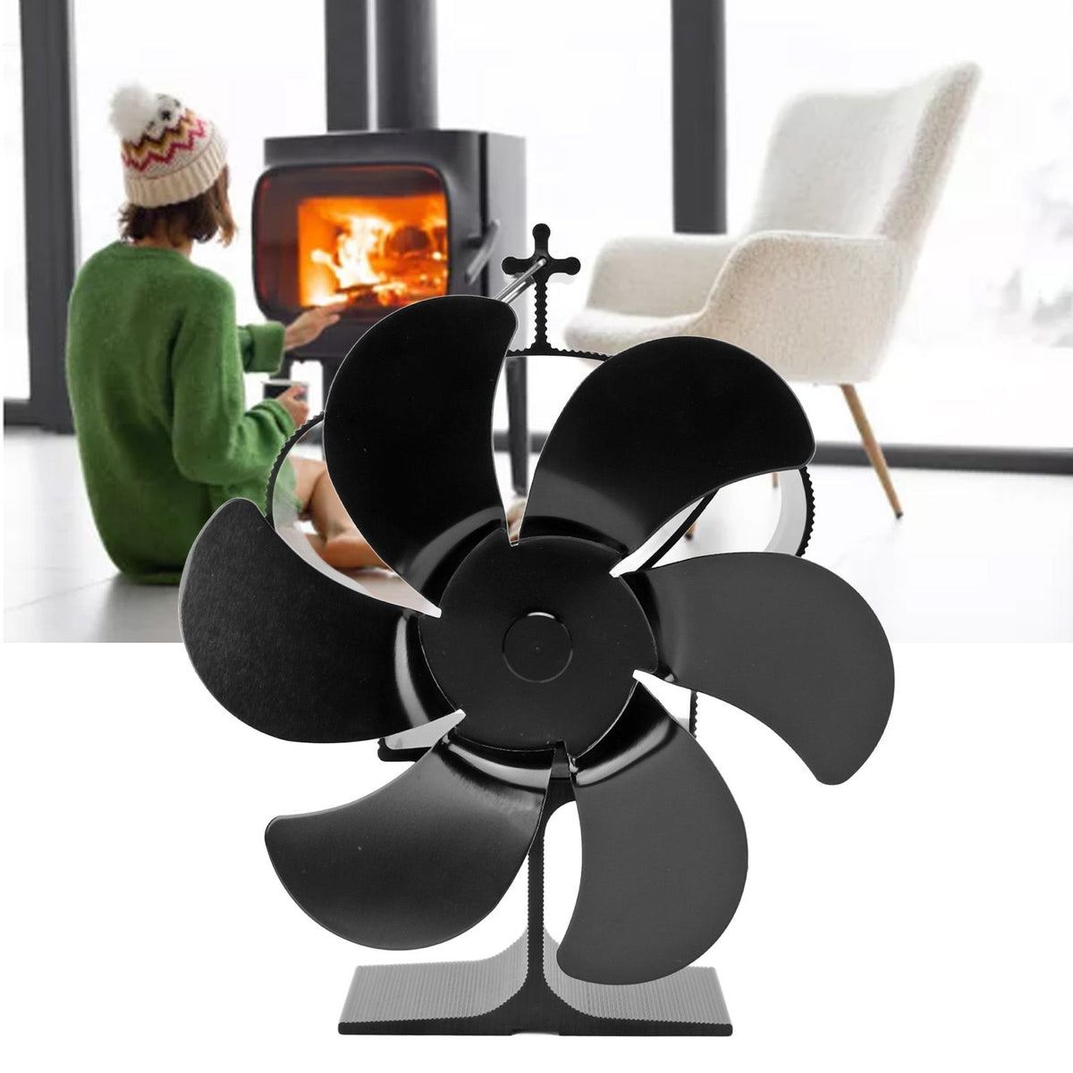 6 Blades Heat Powered Fireplace Fan Self Starting Eco Friendly Wood Stove Fan LT380 Black 152mm Diameter