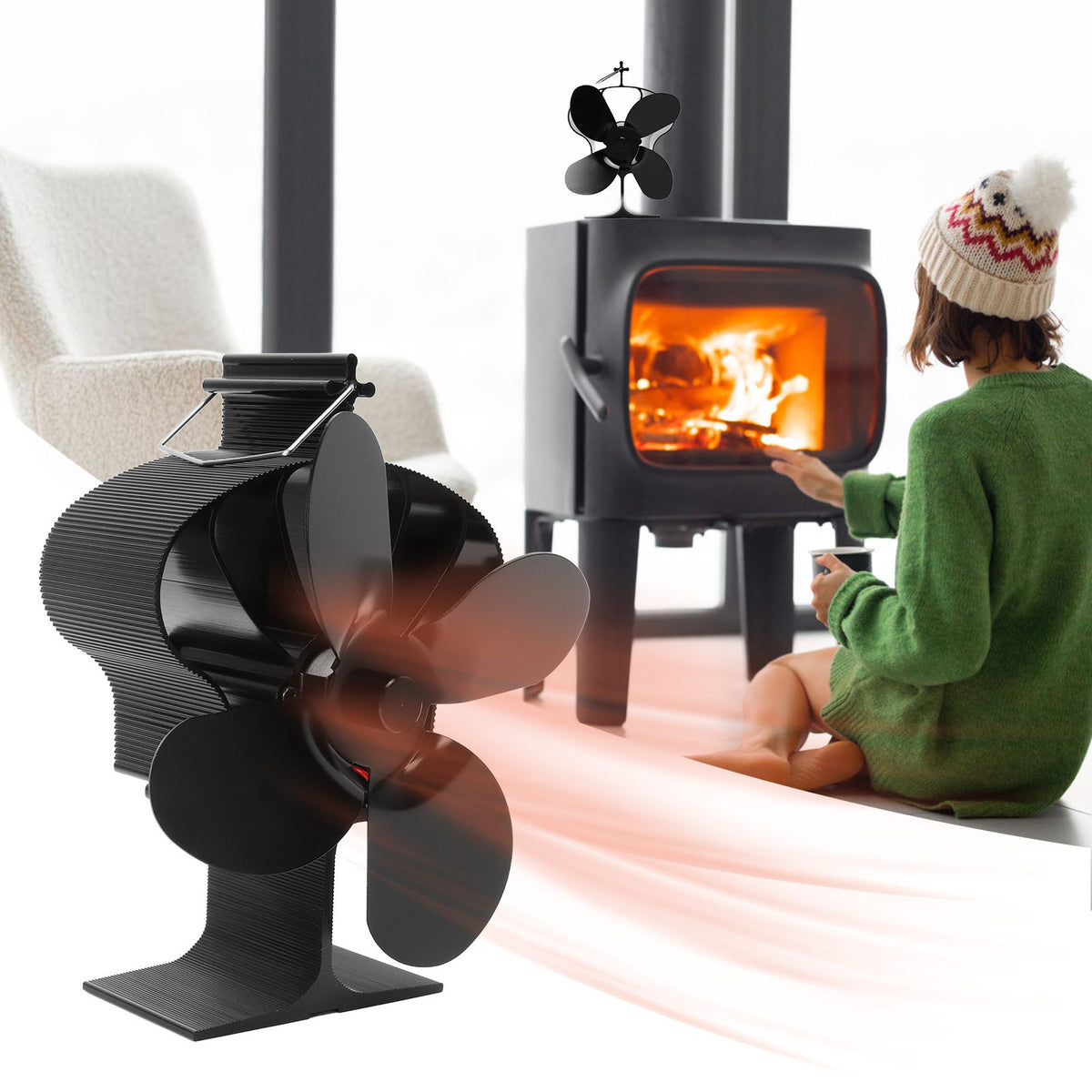 4 Blades Heat Powered Stove Fan High Temperature Resistance Self Starting Fireplace Fan Black Diameter 152mm LT381 Crown Style