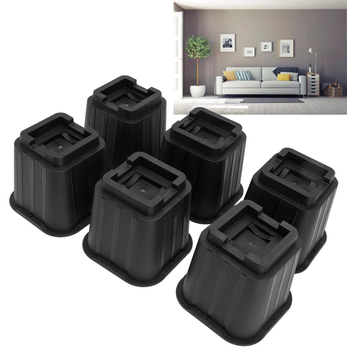6Pcs Furniture Risers Multifunction 5in Height Black Plastic Furniture Leg Extender for Office Home Sofa