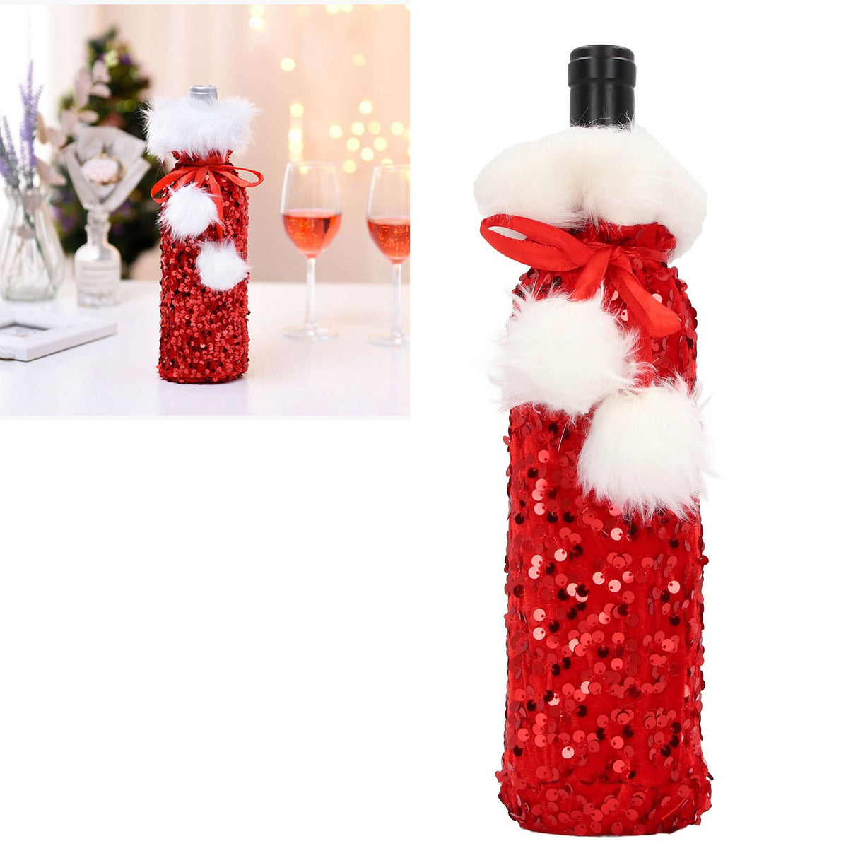 Christmas Wine Bottle Cover Beautiful Shiny Sequin Cloth Decorative Bottle Sleeve Cover for Christmas Parties Red