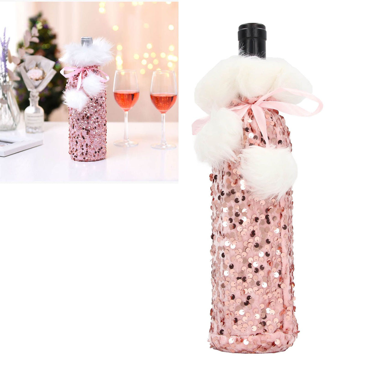 Christmas Wine Bottle Cover Beautiful Shiny Sequin Cloth Decorative Bottle Sleeve Cover for Christmas Parties Rose Gold