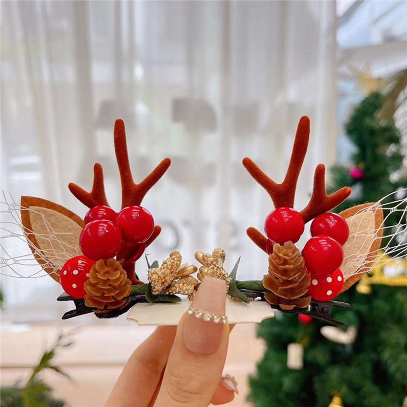 Christmas Antler Hair Clips Cute Exquisite Plush Reindeer Hair Barrettes for Christmas Parties Birthday Parties Cosplay 11# White Net Pine Cone Khaki Antlers