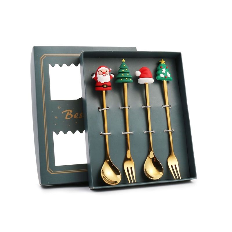 4PCS Christmas Spoon Fork Set Stainless Steel Santa Christmas Tree Shaped Decor Tableware for Home Dinner with Green Box