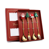 4PCS Christmas Spoon Fork Set Stainless Steel Santa Christmas Tree Shaped Decor Tableware for Home Dinner with Red Box