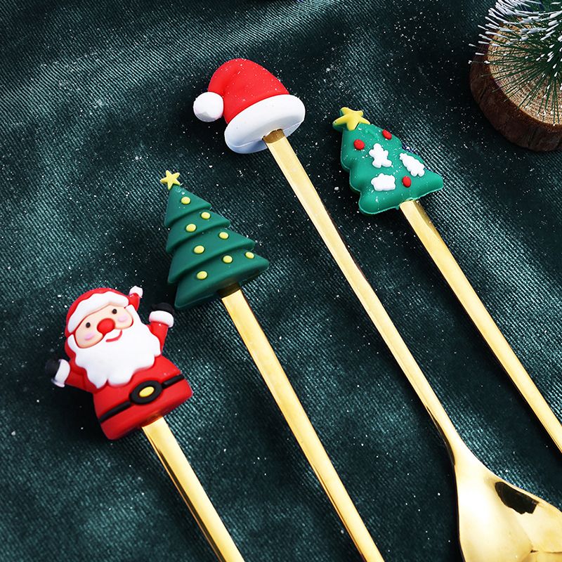 4PCS Christmas Spoon Fork Set Stainless Steel Santa Christmas Tree Shaped Decor Tableware for Home Dinner with Red Box