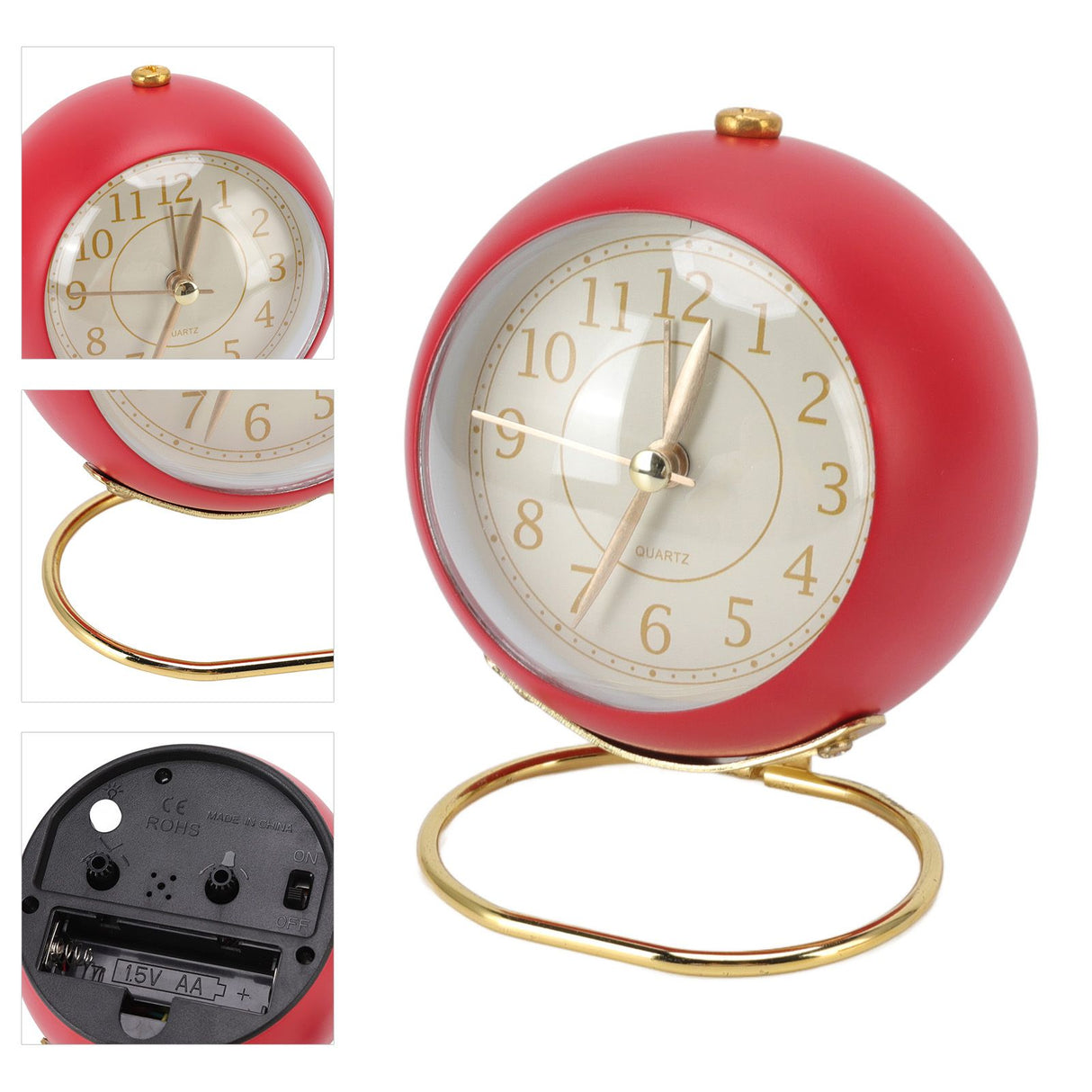 Retro Alarm Clock Silent Decorative Round Ring Base Small Quartz Alarm Clock with Ambient Night Light for Bedroom