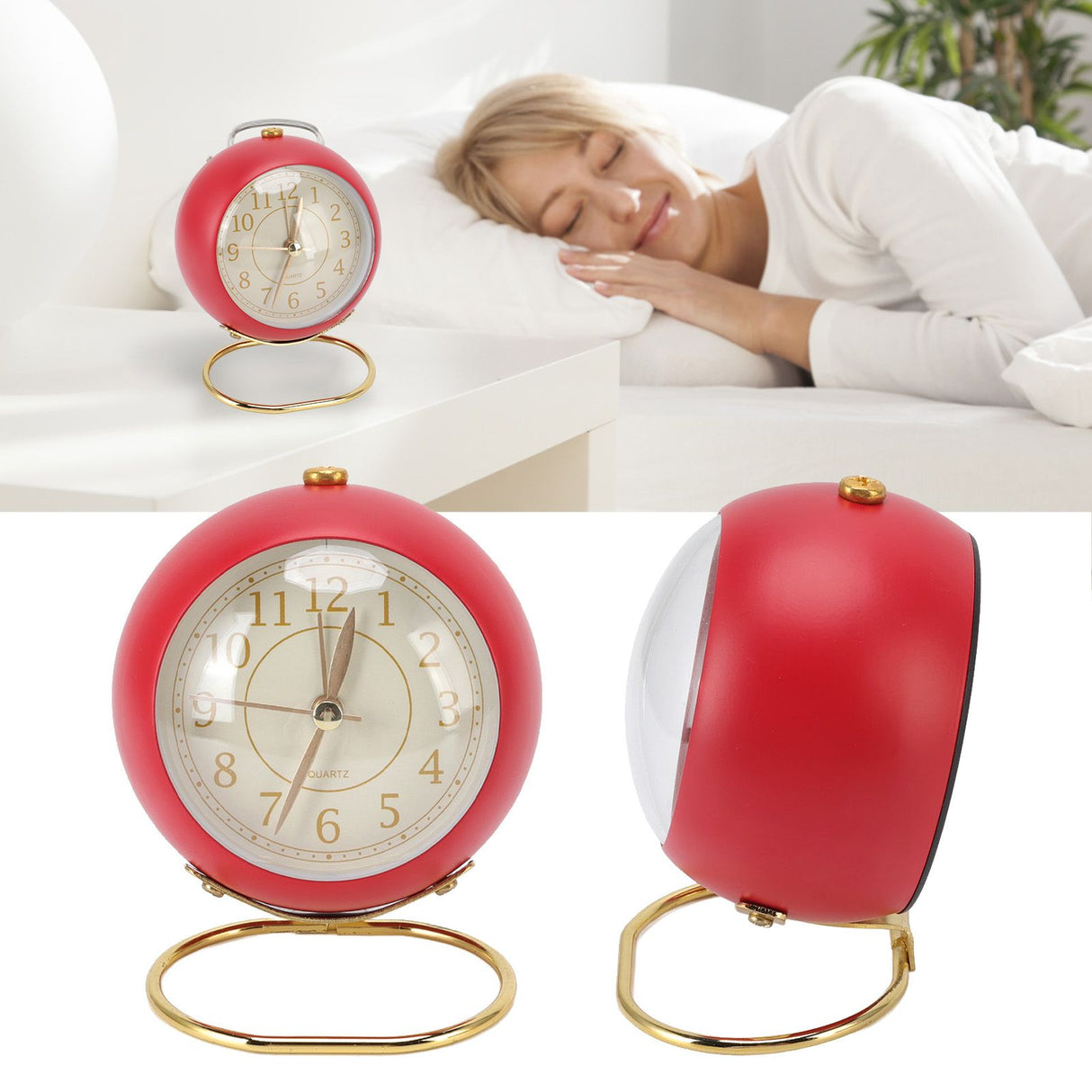 Retro Alarm Clock Silent Decorative Round Ring Base Small Quartz Alarm Clock with Ambient Night Light for Bedroom