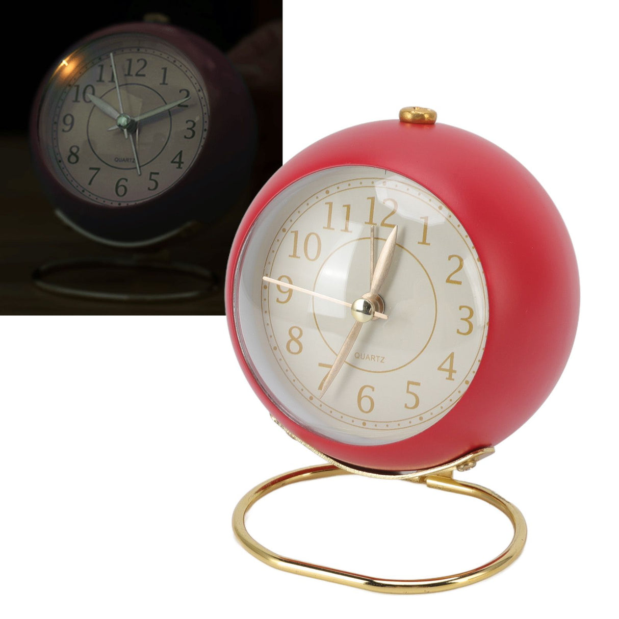 Retro Alarm Clock Silent Decorative Round Ring Base Small Quartz Alarm Clock with Ambient Night Light for Bedroom