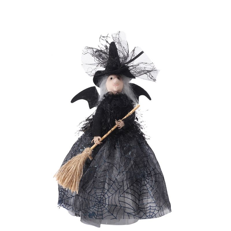 Halloween Decoration Witch Doll Dressed in Gauzy Skirt with Besom Desktop Decor Ornaments for Party Props Black
