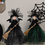 Halloween Decoration Witch Doll Dressed in Gauzy Skirt with Besom Desktop Decor Ornaments for Party Props Black - Top-Down View