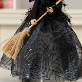 Halloween Decoration Witch Doll Dressed in Gauzy Skirt with Besom Desktop Decor Ornaments for Party Props Black