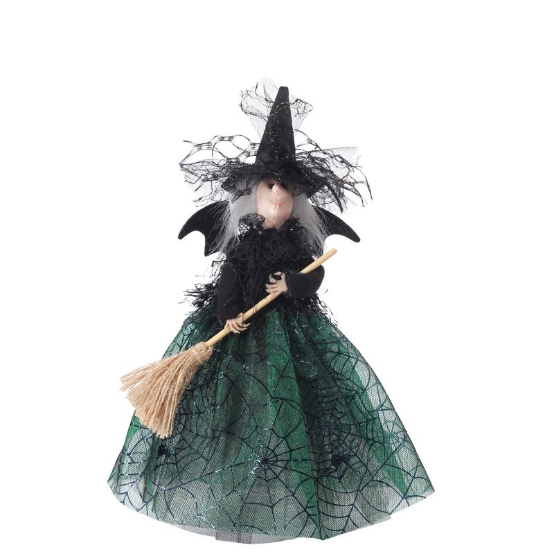 Halloween Decoration Witch Doll Dressed in Gauzy Skirt with Besom Desktop Decor Ornaments for Party Props Green
