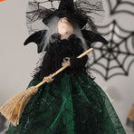 Halloween Decoration Witch Doll Dressed in Gauzy Skirt with Besom Desktop Decor Ornaments for Party Props Green