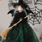 Halloween Decoration Witch Doll Dressed in Gauzy Skirt with Besom Desktop Decor Ornaments for Party Props Green - Front View