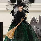 Halloween Decoration Witch Doll Dressed in Gauzy Skirt with Besom Desktop Decor Ornaments for Party Props Green - Side View