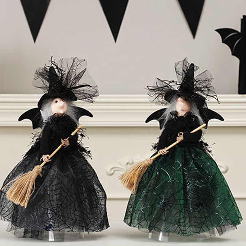 Halloween Decoration Witch Doll Dressed in Gauzy Skirt with Besom Desktop Decor Ornaments for Party Props Green