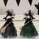 Halloween Decoration Witch Doll Dressed in Gauzy Skirt with Besom Desktop Decor Ornaments for Party Props Green - Top-Down View
