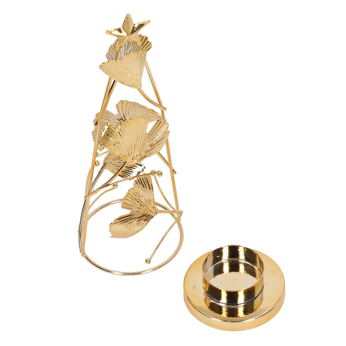 Christmas Tree Candlesticks Gold Iron Small Round Cup Xmas Light Candle Holders with Apricot Leaves for Table Decoration