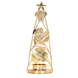 Christmas Tree Candlesticks Gold Iron Small Round Cup Xmas Light Candle Holders with Apricot Leaves for Table Decoration - Front View