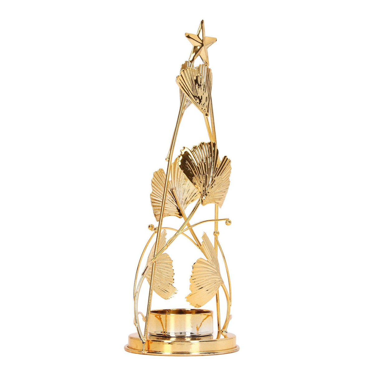 Christmas Tree Candlesticks Gold Iron Small Round Cup Xmas Light Candle Holders with Apricot Leaves for Table Decoration