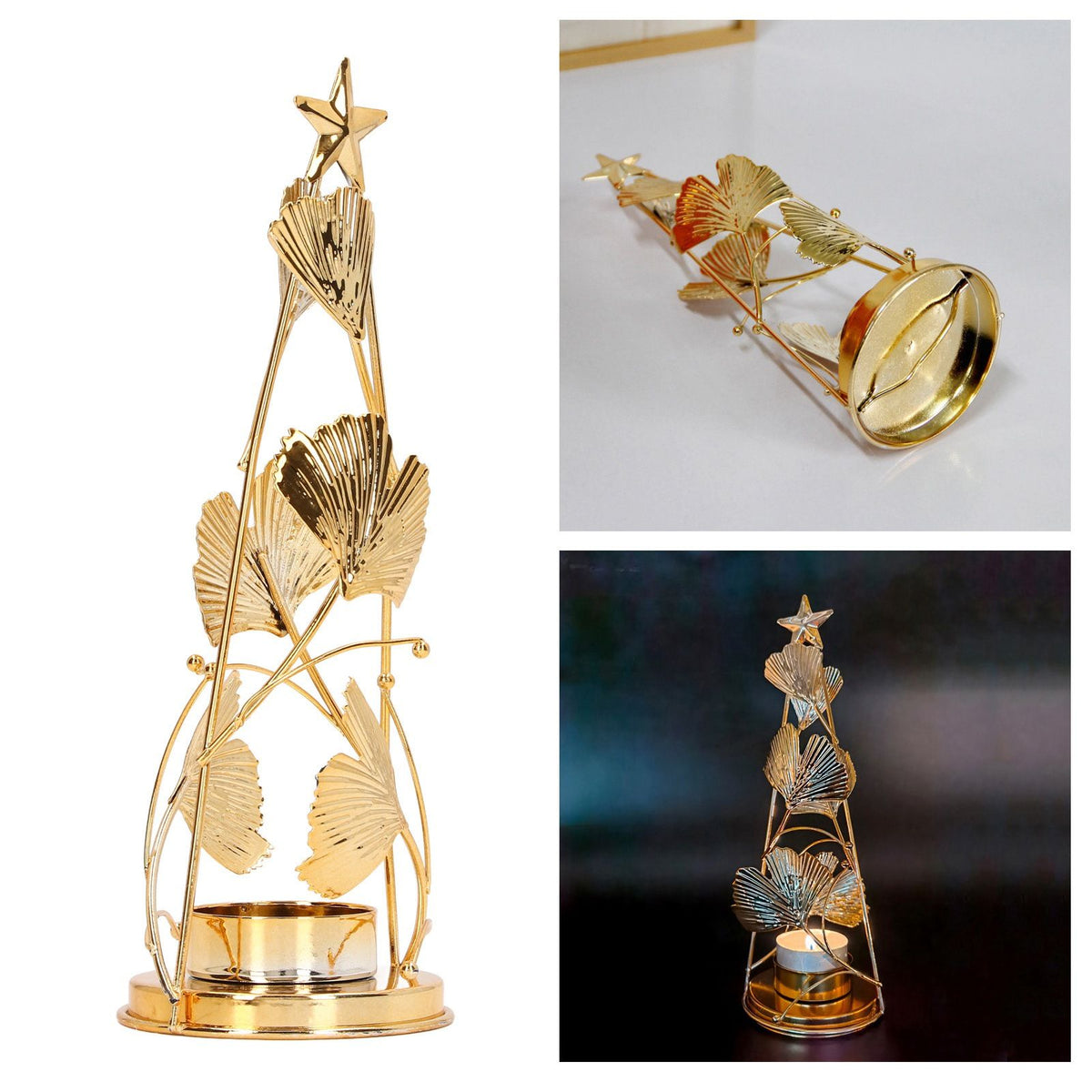 Christmas Tree Candlesticks Gold Iron Small Round Cup Xmas Light Candle Holders with Apricot Leaves for Table Decoration