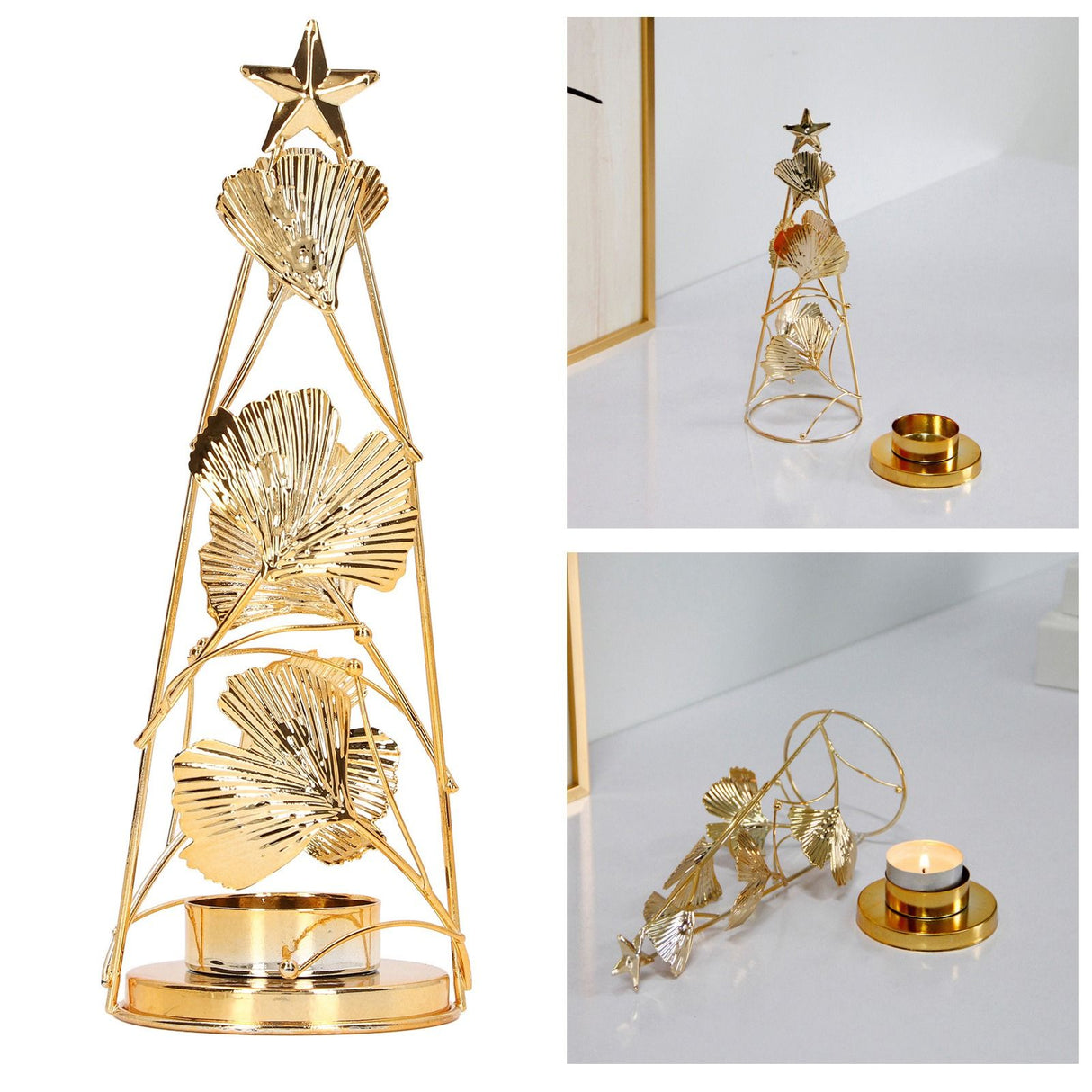 Christmas Tree Candlesticks Gold Iron Small Round Cup Xmas Light Candle Holders with Apricot Leaves for Table Decoration