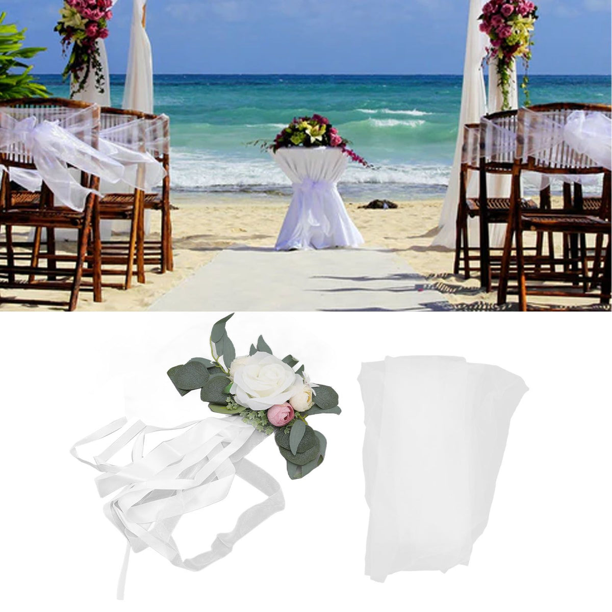 Chair Back Flower Simple Style Attractive Decorative Vivid Beautiful Artificial Flowers with Ribbons for Wedding Decoration White
