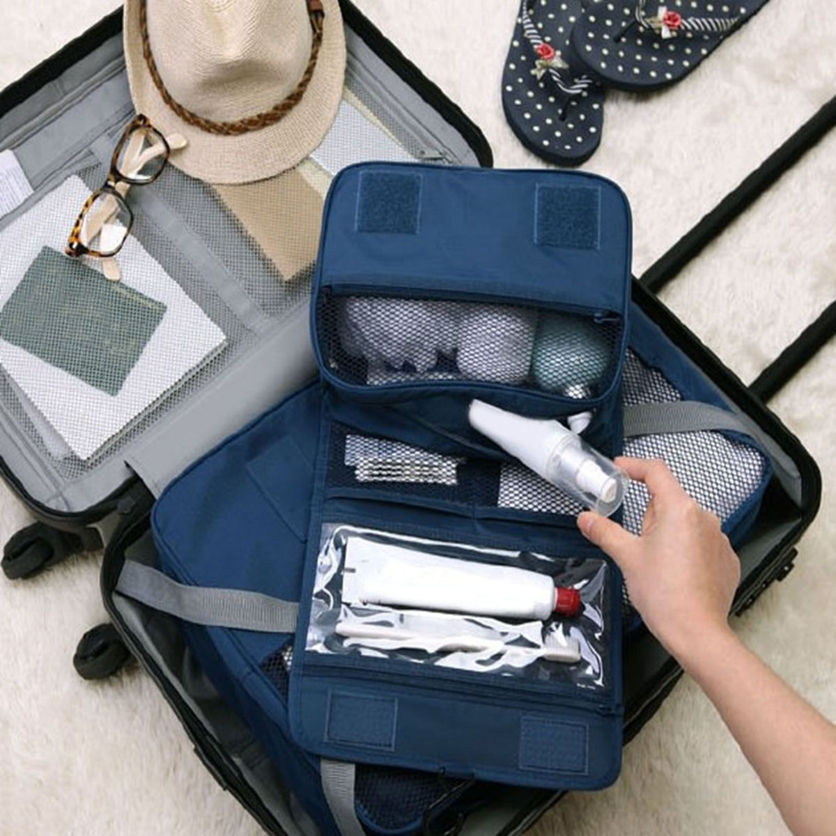 Hanging Toiletry Bag Cosmetic Bag Foldable Makeup Bag with Hook and Tote Navy Blue 24x18.5x9.5cm for Travel