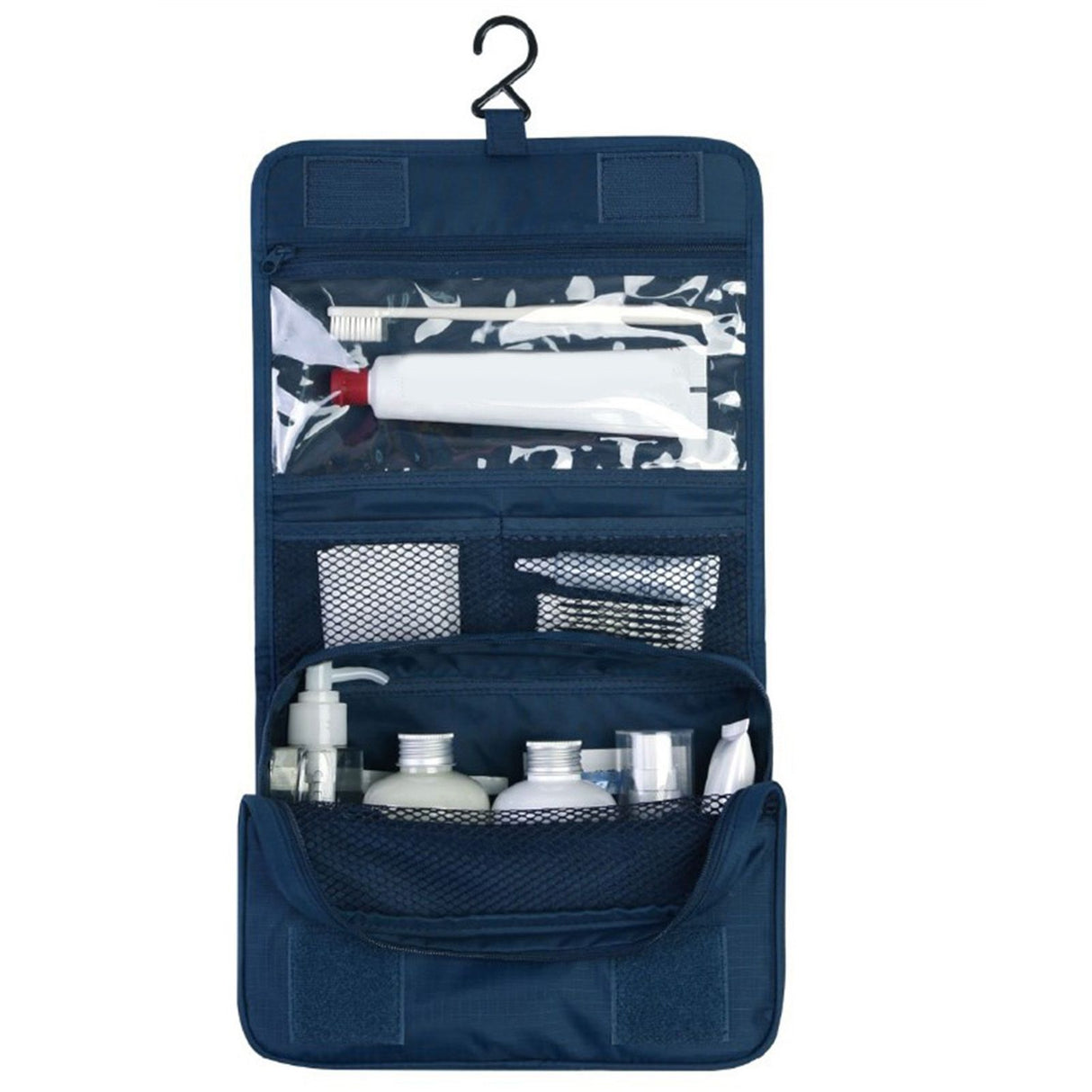 Hanging Toiletry Bag Cosmetic Bag Foldable Makeup Bag with Hook and Tote Navy Blue 24x18.5x9.5cm for Travel