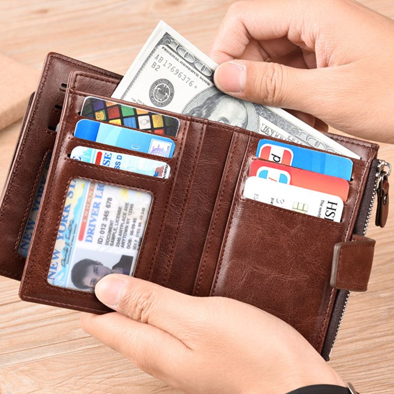 PU Leather Men Wallet Zipper No Degaussing Multi Screens Vertical Vintage Male Wallet for Travelling Working Brown
