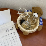 Cute Cartoon Bear Storage Basket Straw Storage Basket for Desktop Office Bedroom M