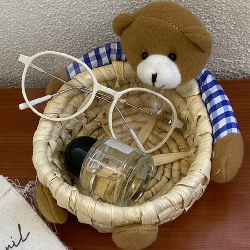Cute Cartoon Bear Storage Basket Straw Storage Basket for Desktop Office Bedroom M