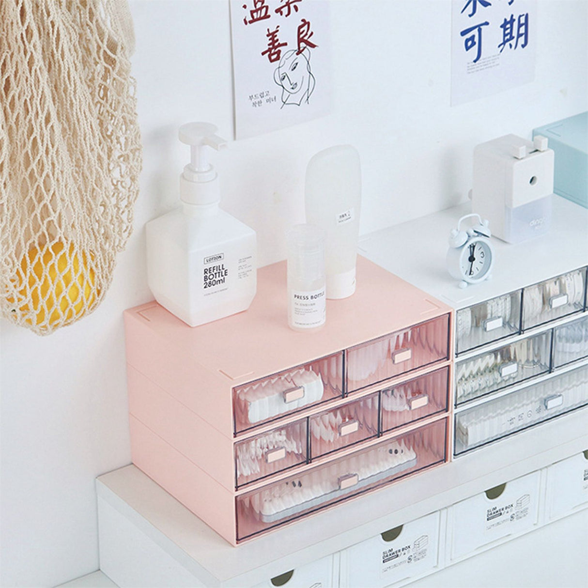 Desktop Drawer Organizer Waterproof Dustproof Plastic DIY Combination Multi Layer Stackable Drawer Storage Case Striped Pink 2 Drawers