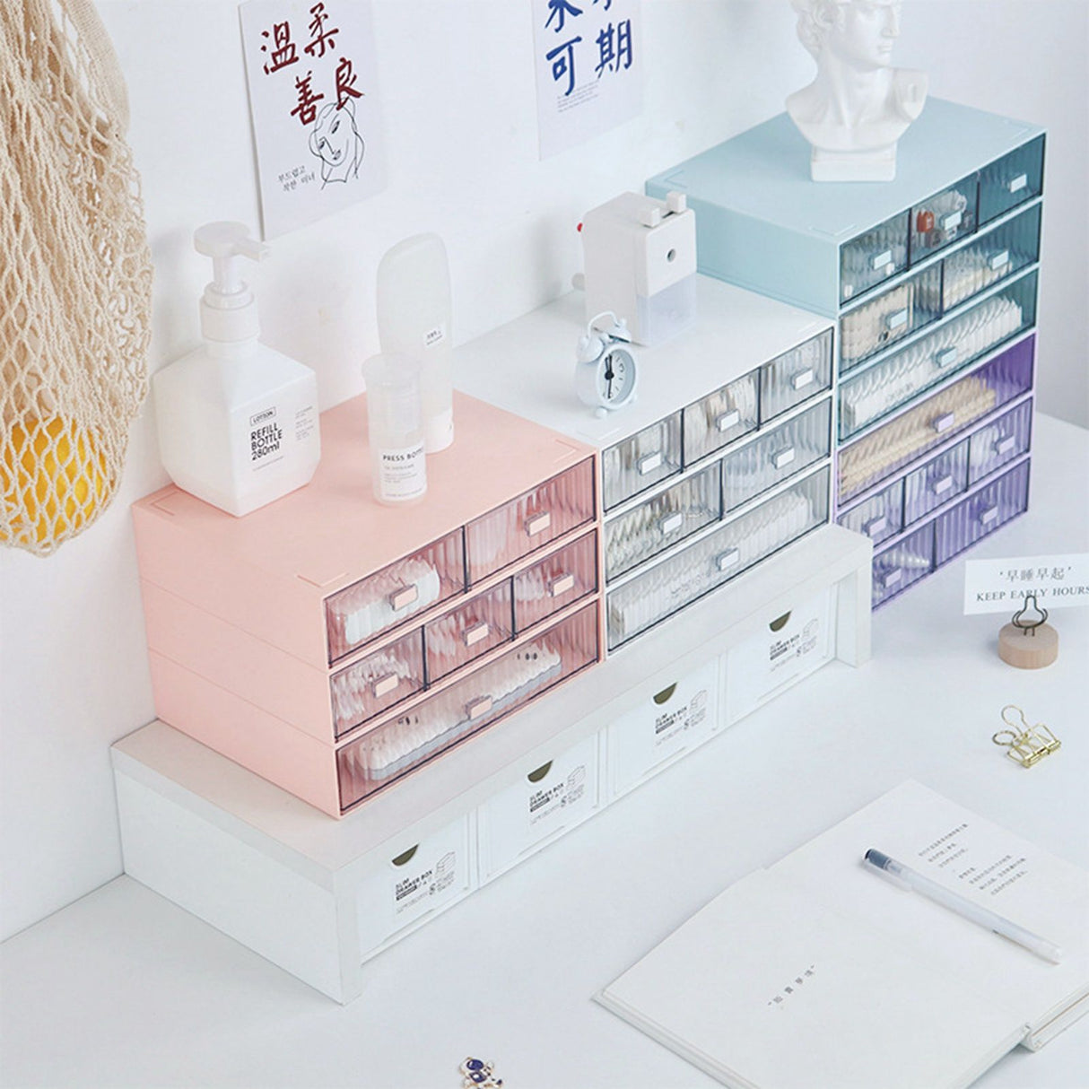 Desktop Drawer Organizer Waterproof Dustproof Plastic DIY Combination Multi Layer Stackable Drawer Storage Case Striped Pink 2 Drawers