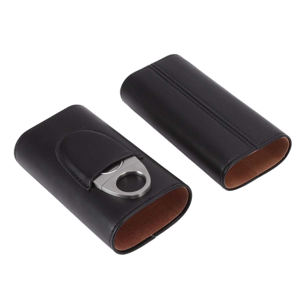 3 Finger Cigar Case Iron Cover Portable Soft Glossy Leather Cigar Holder Case with Cutter for Travel Black