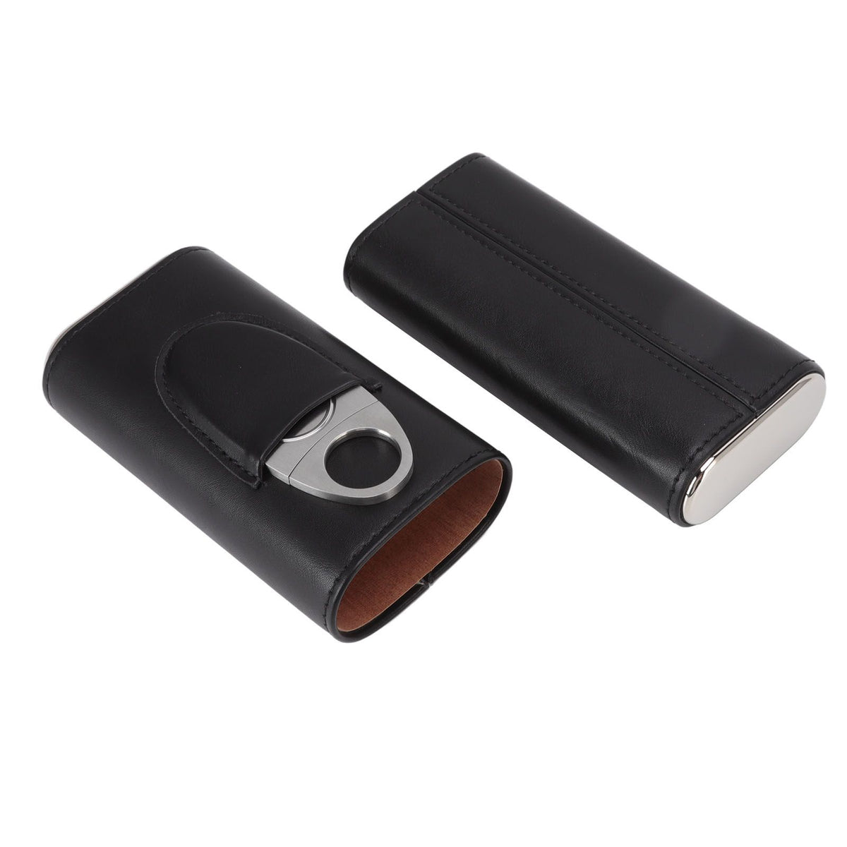 3 Finger Cigar Case Iron Cover Portable Soft Glossy Leather Cigar Holder Case with Cutter for Travel Black