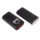 3 Finger Cigar Case Iron Cover Portable Soft Glossy Leather Cigar Holder Case with Cutter for Travel Black - Front View