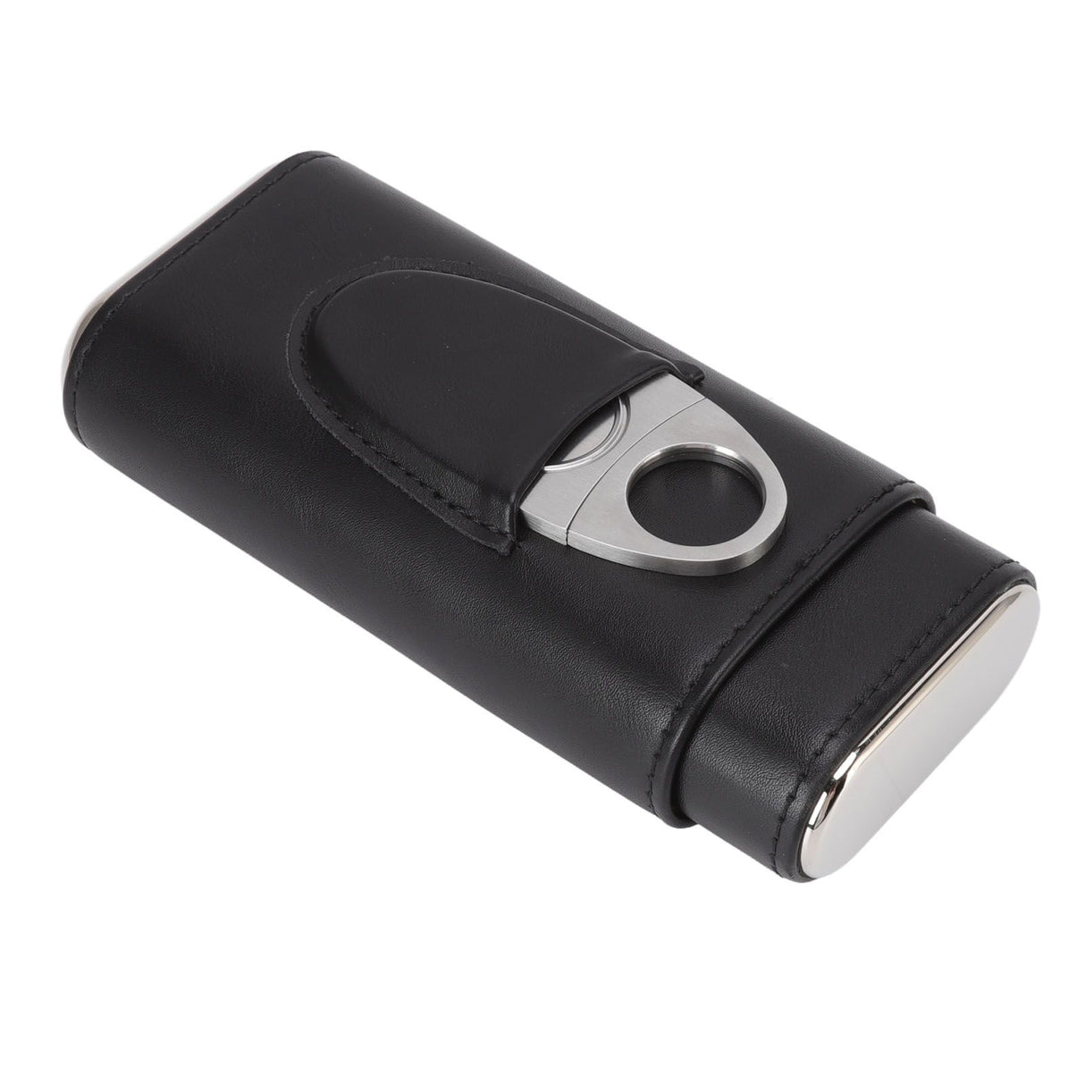 3 Finger Cigar Case Iron Cover Portable Soft Glossy Leather Cigar Holder Case with Cutter for Travel Black