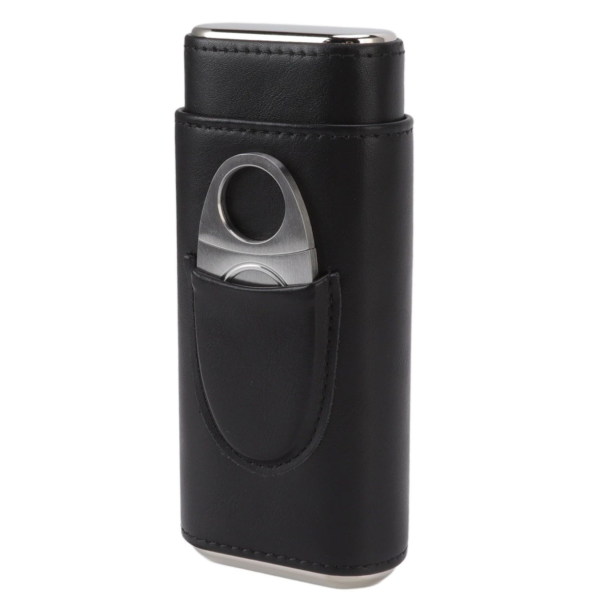 3 Finger Cigar Case Iron Cover Portable Soft Glossy Leather Cigar Holder Case with Cutter for Travel Black
