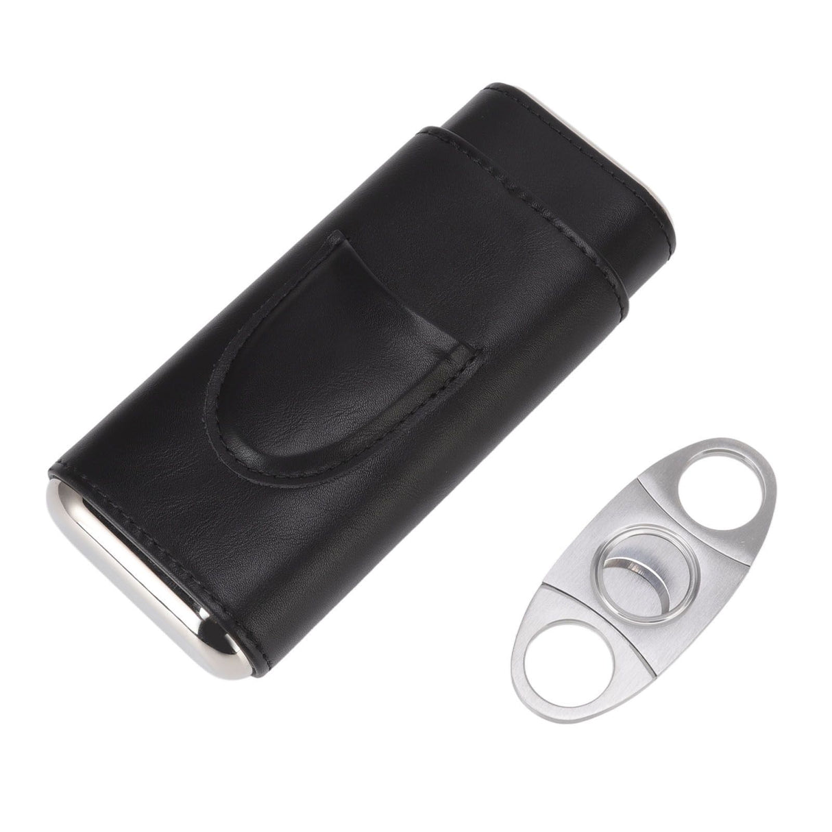 3 Finger Cigar Case Iron Cover Portable Soft Glossy Leather Cigar Holder Case with Cutter for Travel Black