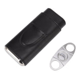 3 Finger Cigar Case Iron Cover Portable Soft Glossy Leather Cigar Holder Case with Cutter for Travel Black