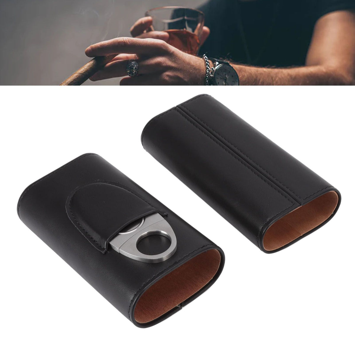 3 Finger Cigar Case Iron Cover Portable Soft Glossy Leather Cigar Holder Case with Cutter for Travel Black