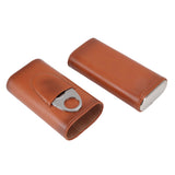 3 Finger Cigar Case Iron Cover Portable Soft Glossy Leather Cigar Holder Case with Cutter for Travel Brown