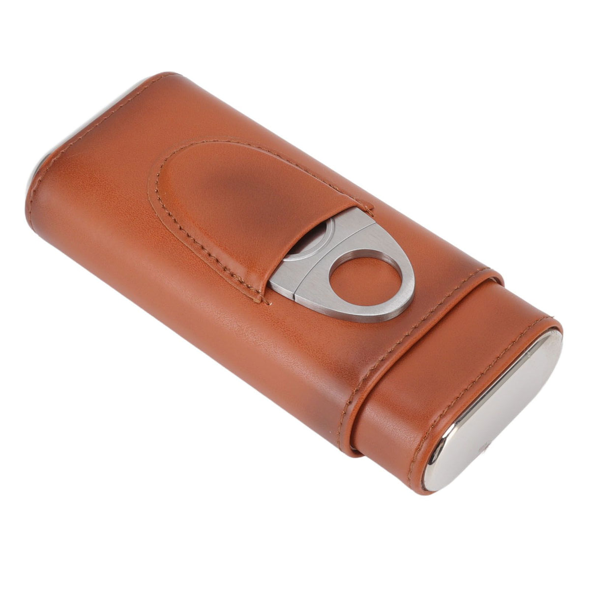 3 Finger Cigar Case Iron Cover Portable Soft Glossy Leather Cigar Holder Case with Cutter for Travel Brown