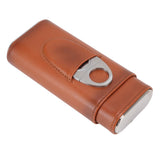 3 Finger Cigar Case Iron Cover Portable Soft Glossy Leather Cigar Holder Case with Cutter for Travel Brown