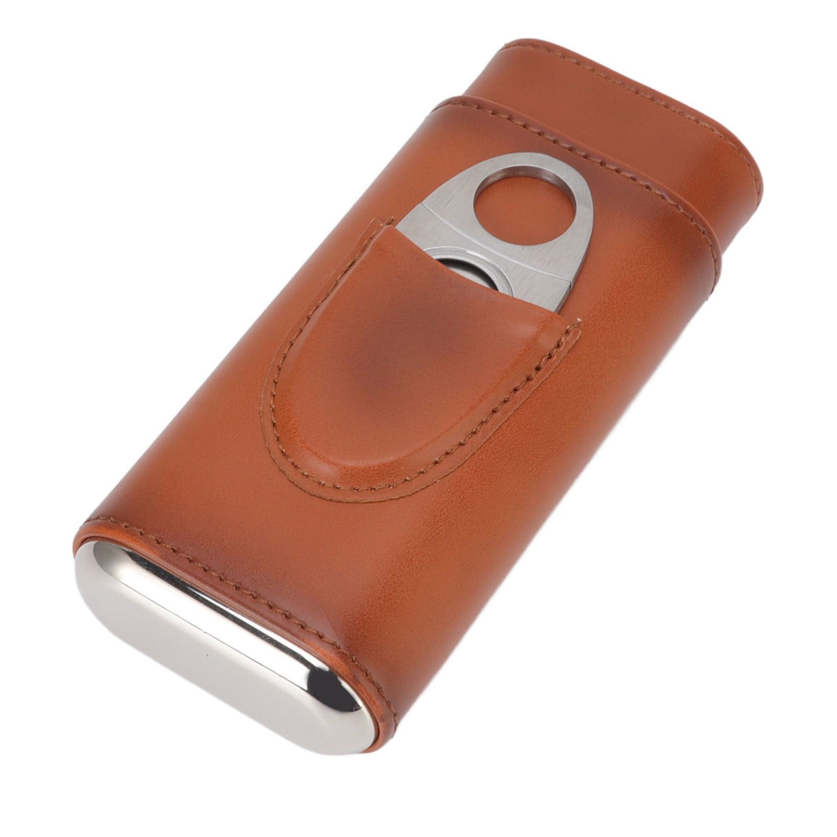 3 Finger Cigar Case Iron Cover Portable Soft Glossy Leather Cigar Holder Case with Cutter for Travel Brown